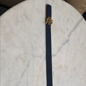 Navy Leather Belt with Gold Logo Buckle